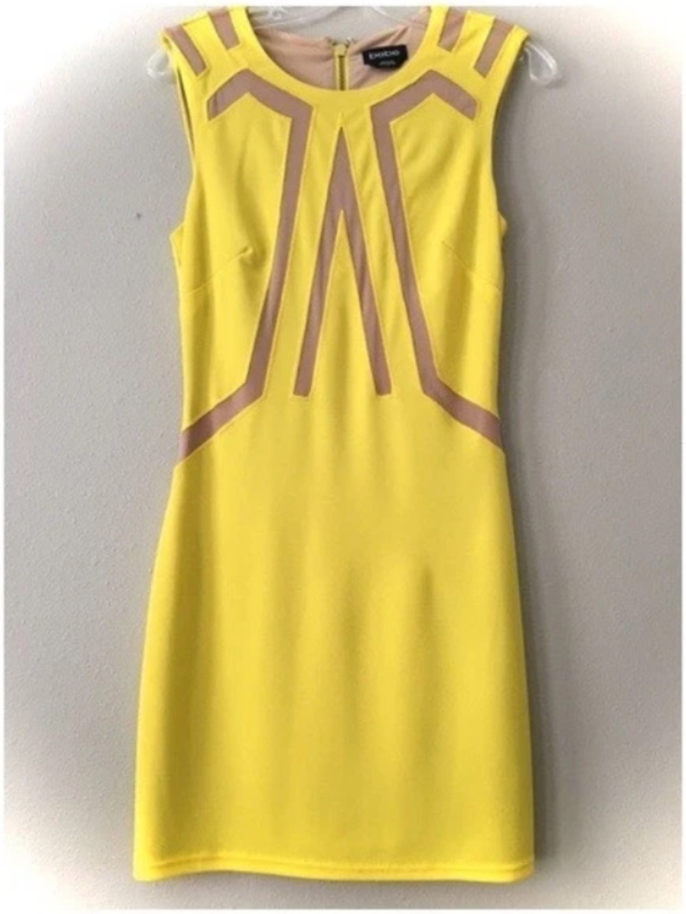 NEW Bebe Yellow Tan Geo Line Contrast Bodycon Zipper Back Top Dress S Small
